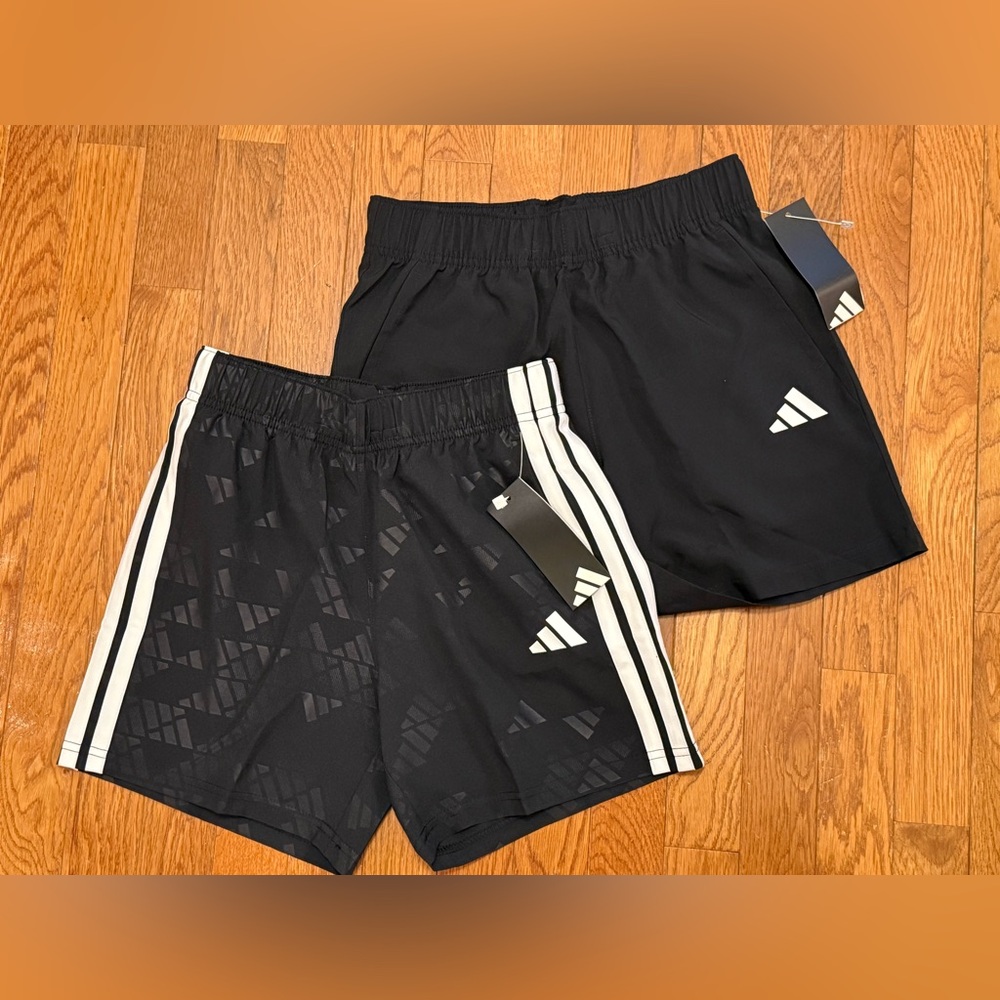 Adidas Boys M (10/12) Black Athletic Shorts Pockets & Logo Set of 2 Regular Fit